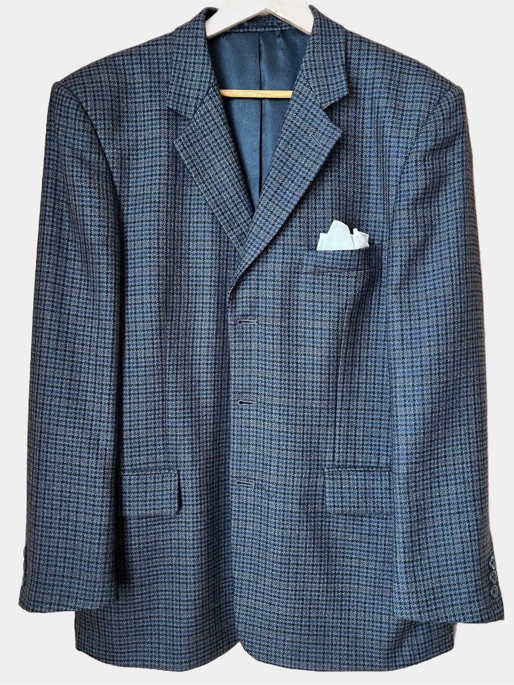 VINTAGE Protocol Blue Houndstooth Wool Blazer 42R Plaid Sport Coat Jacket Men